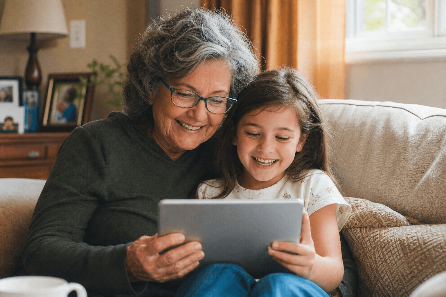 A grandmother and grandchild looking at family photos together