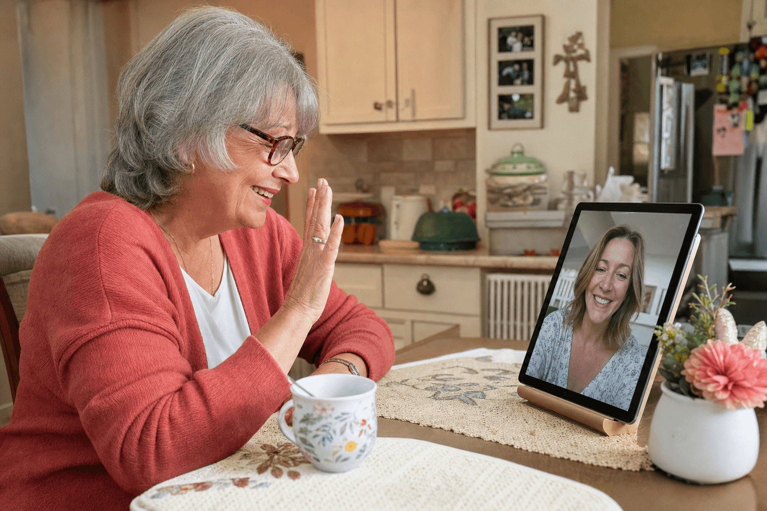 A grandmother smiling at her family on a video call
